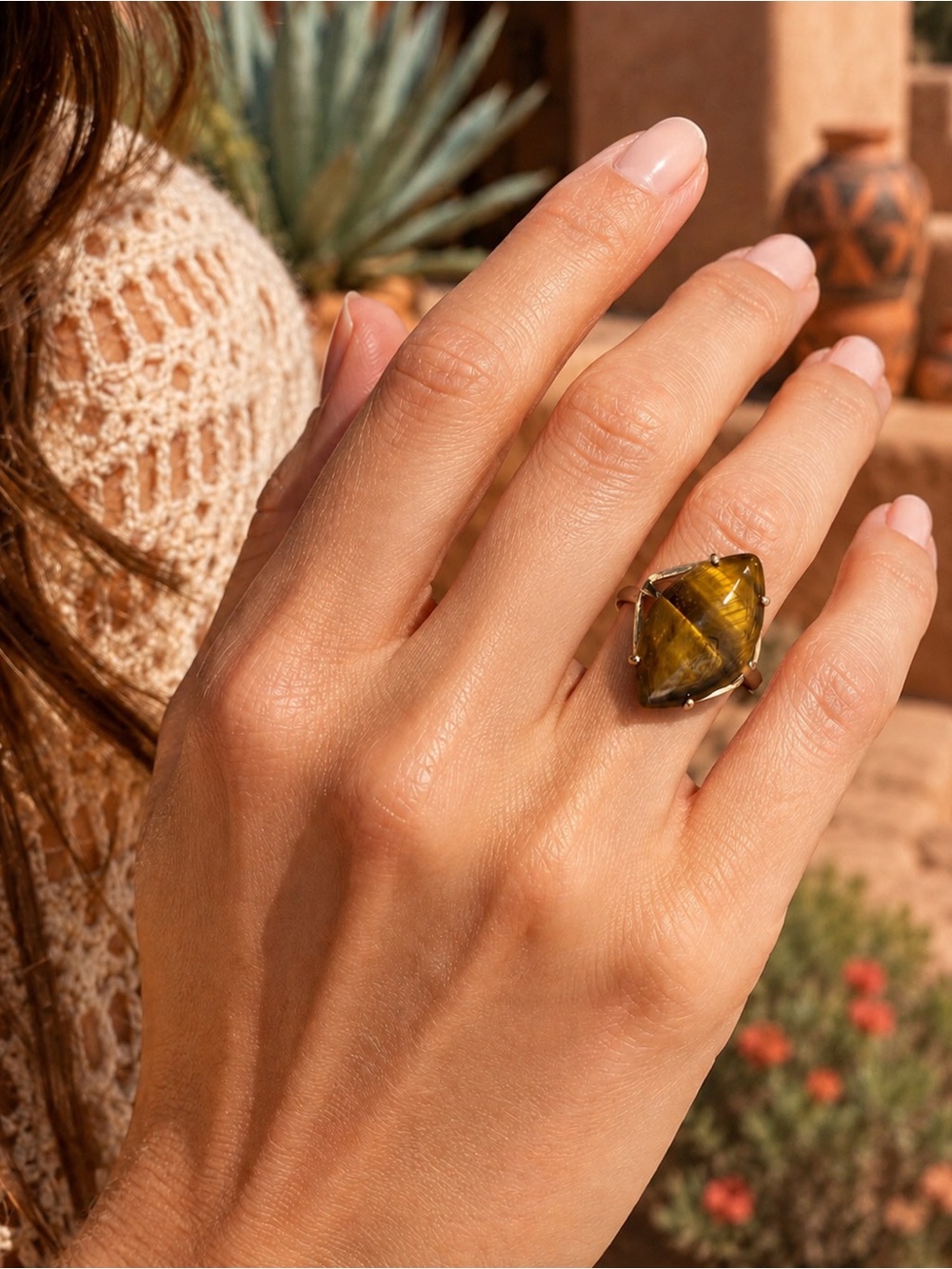 🆕Handcrafted Tiger's Eye Statement Ring - Yellow Brown Gem